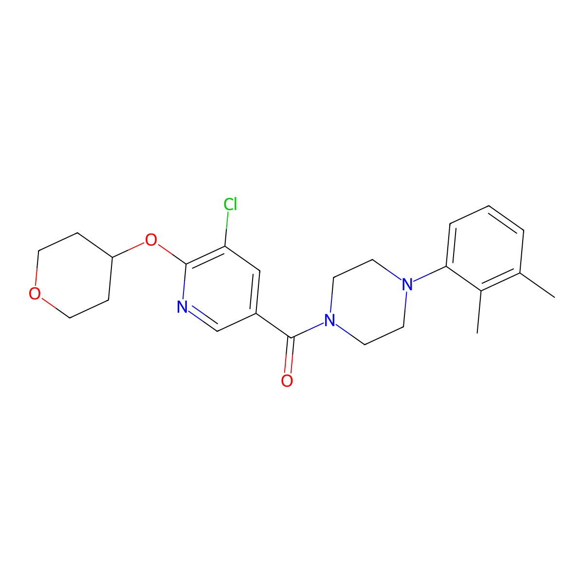 (5-chloro-6-((tetrahydro-2H-pyran-4-yl)oxy)pyridin-3-yl)(4-(2,3-dimethylphenyl)piperazin-1-yl)methanone molecular structure, CAS 1904246-82-7