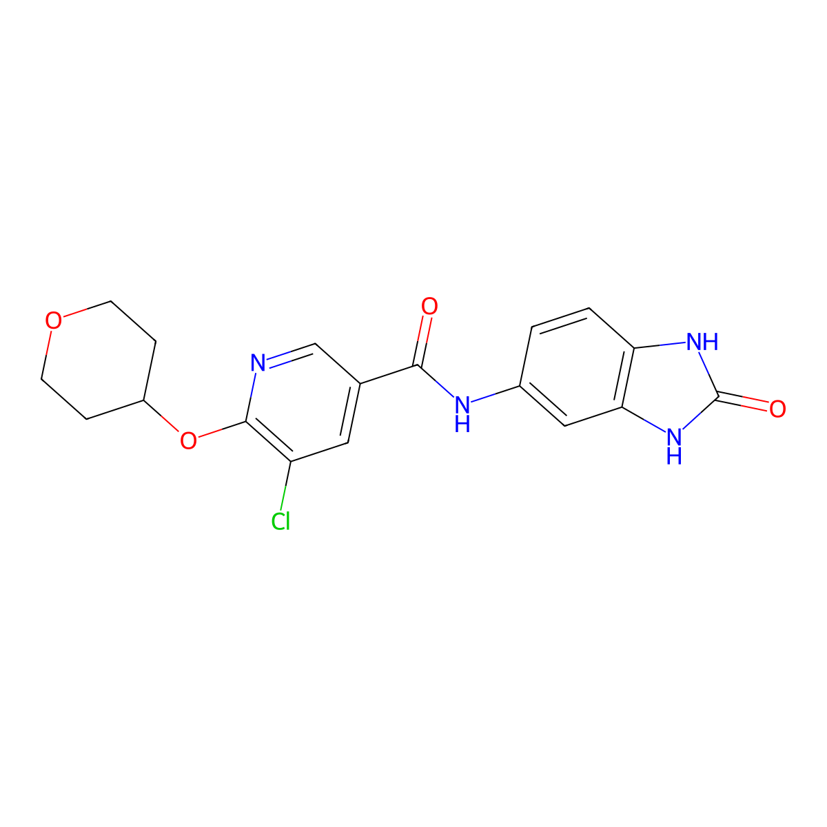 5-chloro-N-(2-oxo-2,3-dihydro-1H-benzo[d]imidazol-5-yl)-6-((tetrahydro-2H-pyran-4-yl)oxy)nicotinamide molecular structure, CAS 1904246-87-2