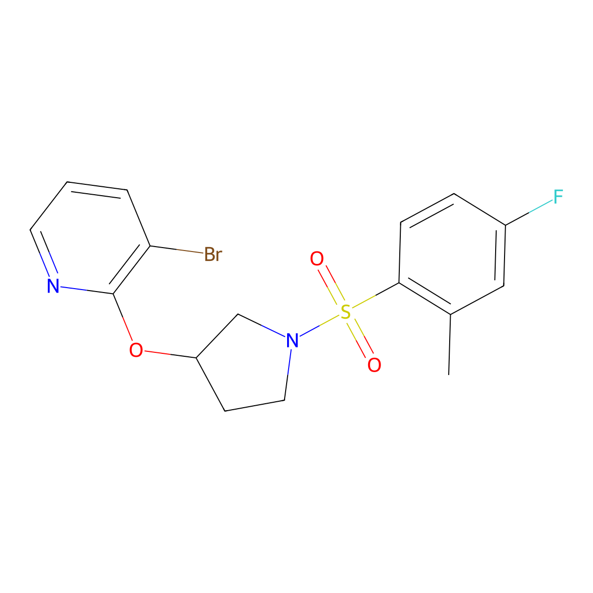 3-Bromo-2-((1-((4-fluoro-2-methylphenyl)sulfonyl)pyrrolidin-3-yl)oxy)pyridine molecular structure, CAS 1904253-58-2