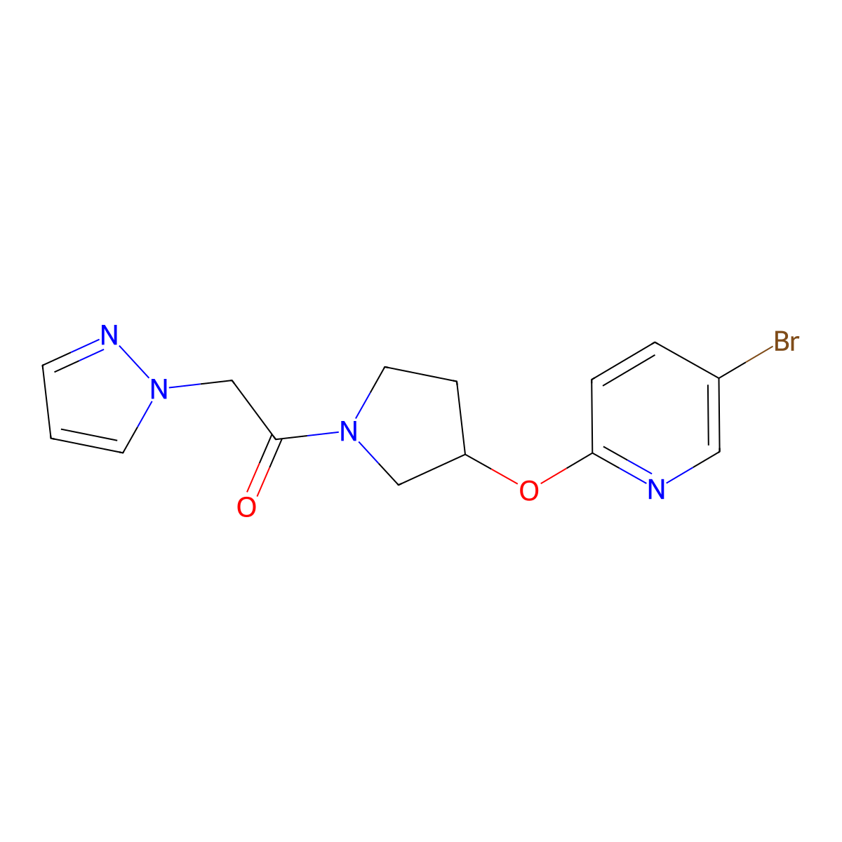 1-(3-((5-bromopyridin-2-yl)oxy)pyrrolidin-1-yl)-2-(1H-pyrazol-1-yl)ethanone molecular structure, CAS 1904254-85-8