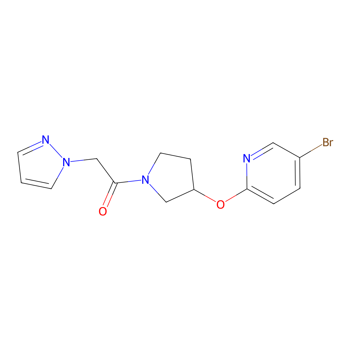 1-(3-((5-bromopyridin-2-yl)oxy)pyrrolidin-1-yl)-2-(1H-pyrazol-1-yl)ethanone molecular structure, CAS 1904254-85-8