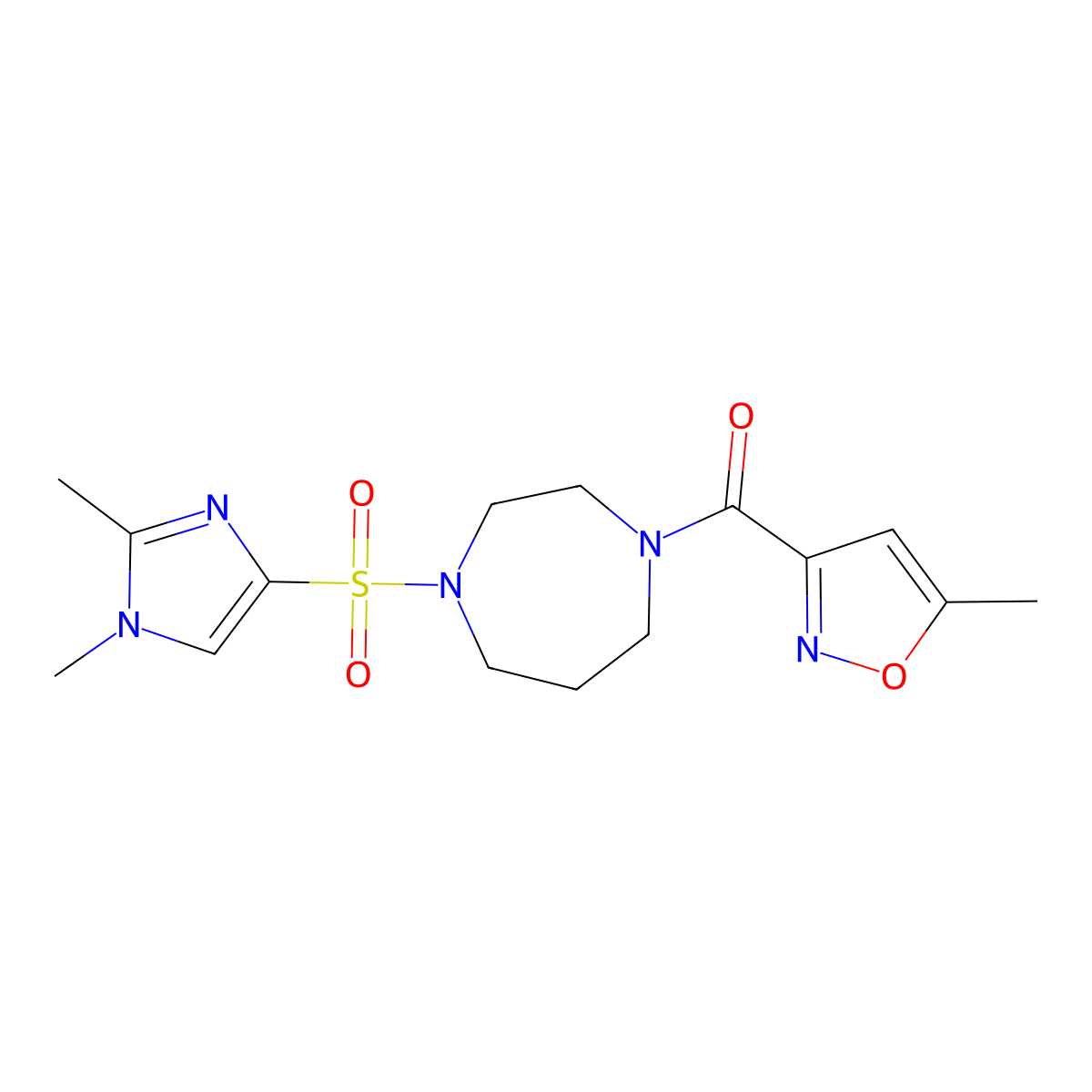 (4-((1,2-dimethyl-1H-imidazol-4-yl)sulfonyl)-1,4-diazepan-1-yl)(5-methylisoxazol-3-yl)methanone molecular structure, CAS 1904275-49-5