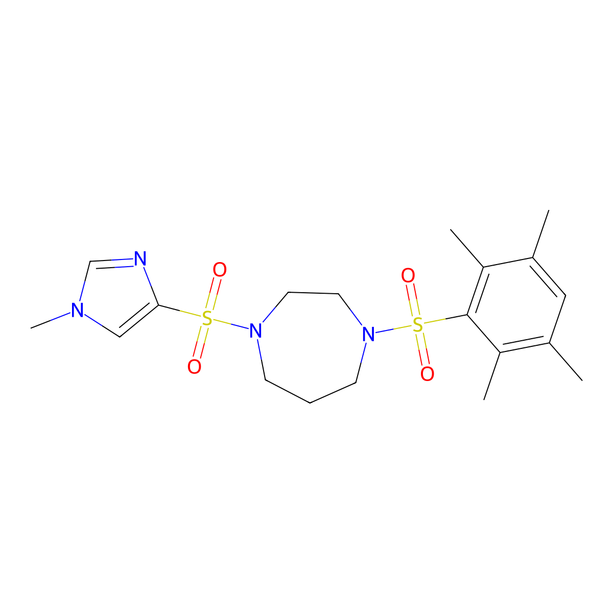 1-((1-methyl-1H-imidazol-4-yl)sulfonyl)-4-((2,3,5,6-tetramethylphenyl)sulfonyl)-1,4-diazepane molecular structure, CAS 1904277-53-7