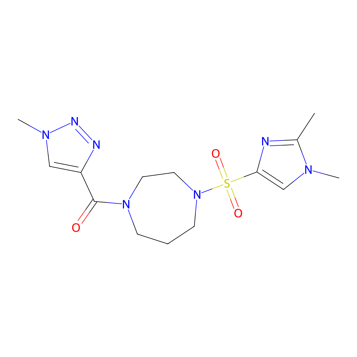 (4-((1,2-dimethyl-1H-imidazol-4-yl)sulfonyl)-1,4-diazepan-1-yl)(1-methyl-1H-1,2,3-triazol-4-yl)methanone molecular structure, CAS 1904279-34-0