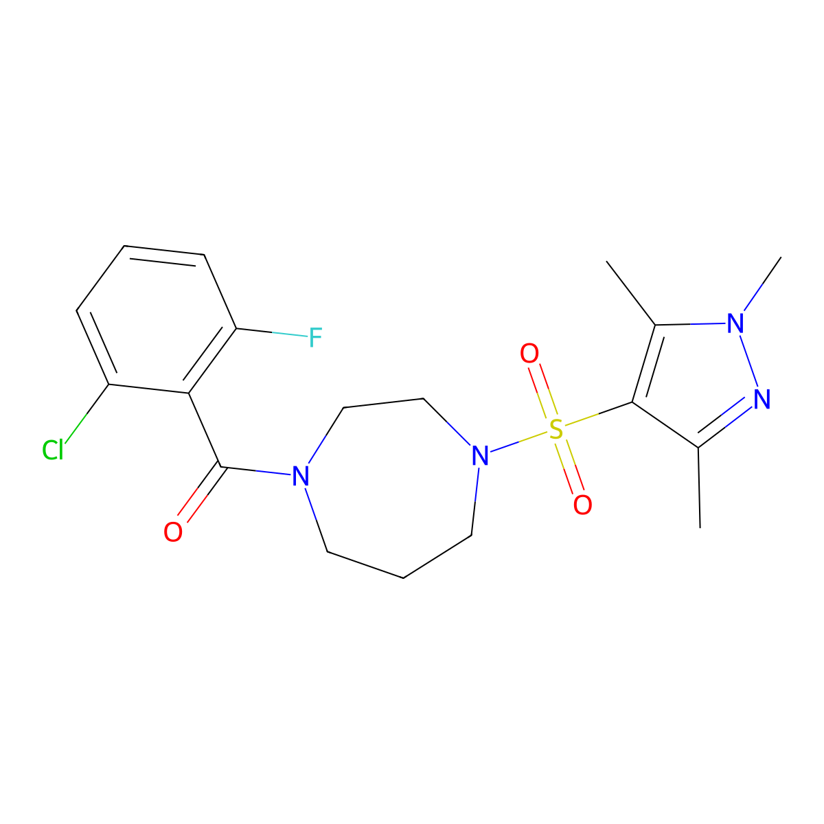 (2-chloro-6-fluorophenyl)(4-((1,3,5-trimethyl-1H-pyrazol-4-yl)sulfonyl)-1,4-diazepan-1-yl)methanone molecular structure, CAS 1904279-89-5