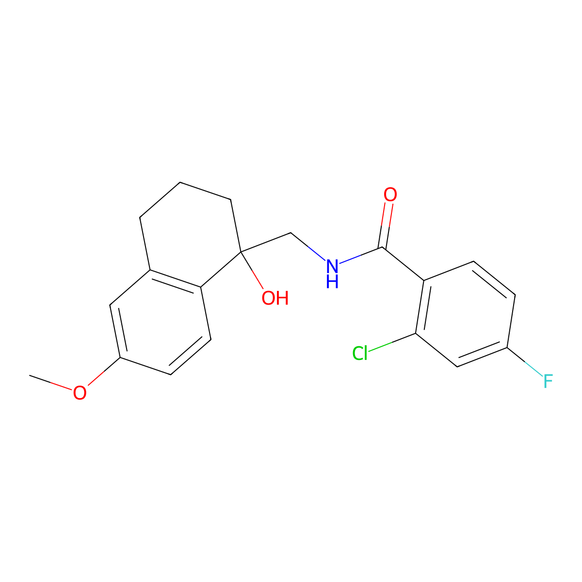 2-chloro-4-fluoro-N-[(1-hydroxy-6-methoxy-1,2,3,4-tetrahydronaphthalen-1-yl)methyl]benzamide molecular structure, CAS 1904299-03-1