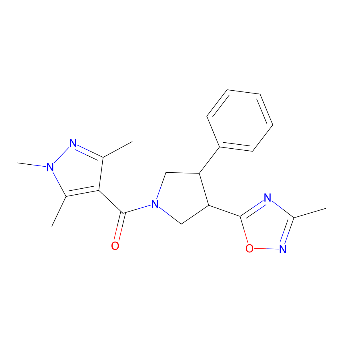 (3-(3-methyl-1,2,4-oxadiazol-5-yl)-4-phenylpyrrolidin-1-yl)(1,3,5-trimethyl-1H-pyrazol-4-yl)methanone molecular structure, CAS 1904302-63-1