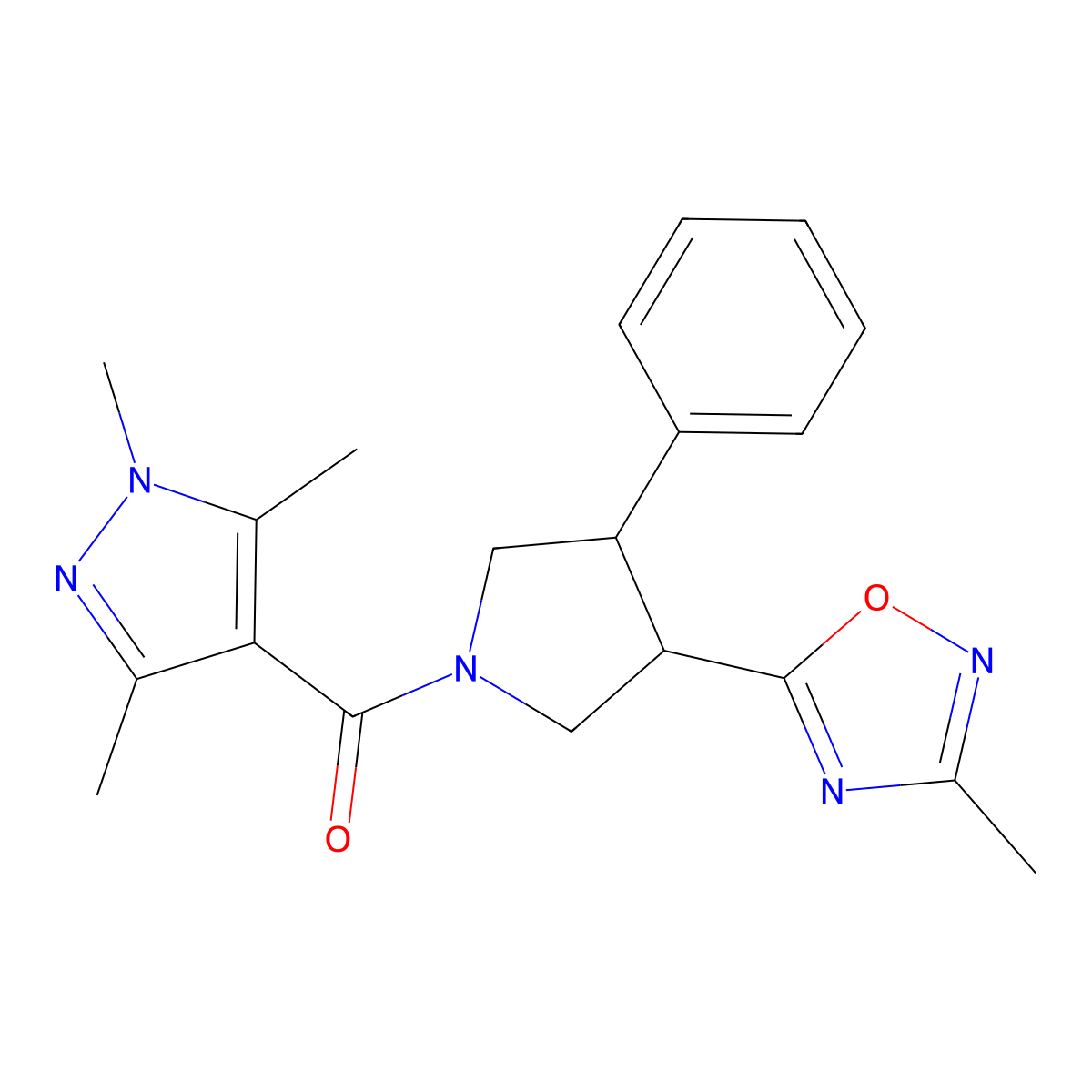 (3-(3-methyl-1,2,4-oxadiazol-5-yl)-4-phenylpyrrolidin-1-yl)(1,3,5-trimethyl-1H-pyrazol-4-yl)methanone molecular structure, CAS 1904302-63-1