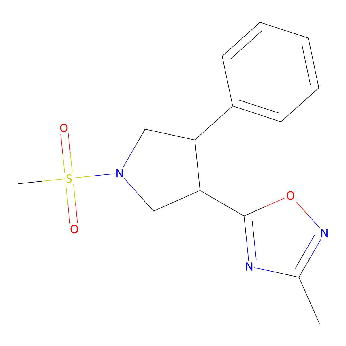 3-Methyl-5-(1-(methylsulfonyl)-4-phenylpyrrolidin-3-yl)-1,2,4-oxadiazole molecular structure, CAS 1904303-21-4