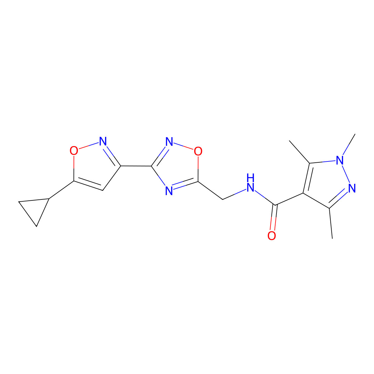 N-((3-(5-cyclopropylisoxazol-3-yl)-1,2,4-oxadiazol-5-yl)methyl)-1,3,5-trimethyl-1H-pyrazole-4-carboxamide molecular structure, CAS 1904303-90-7