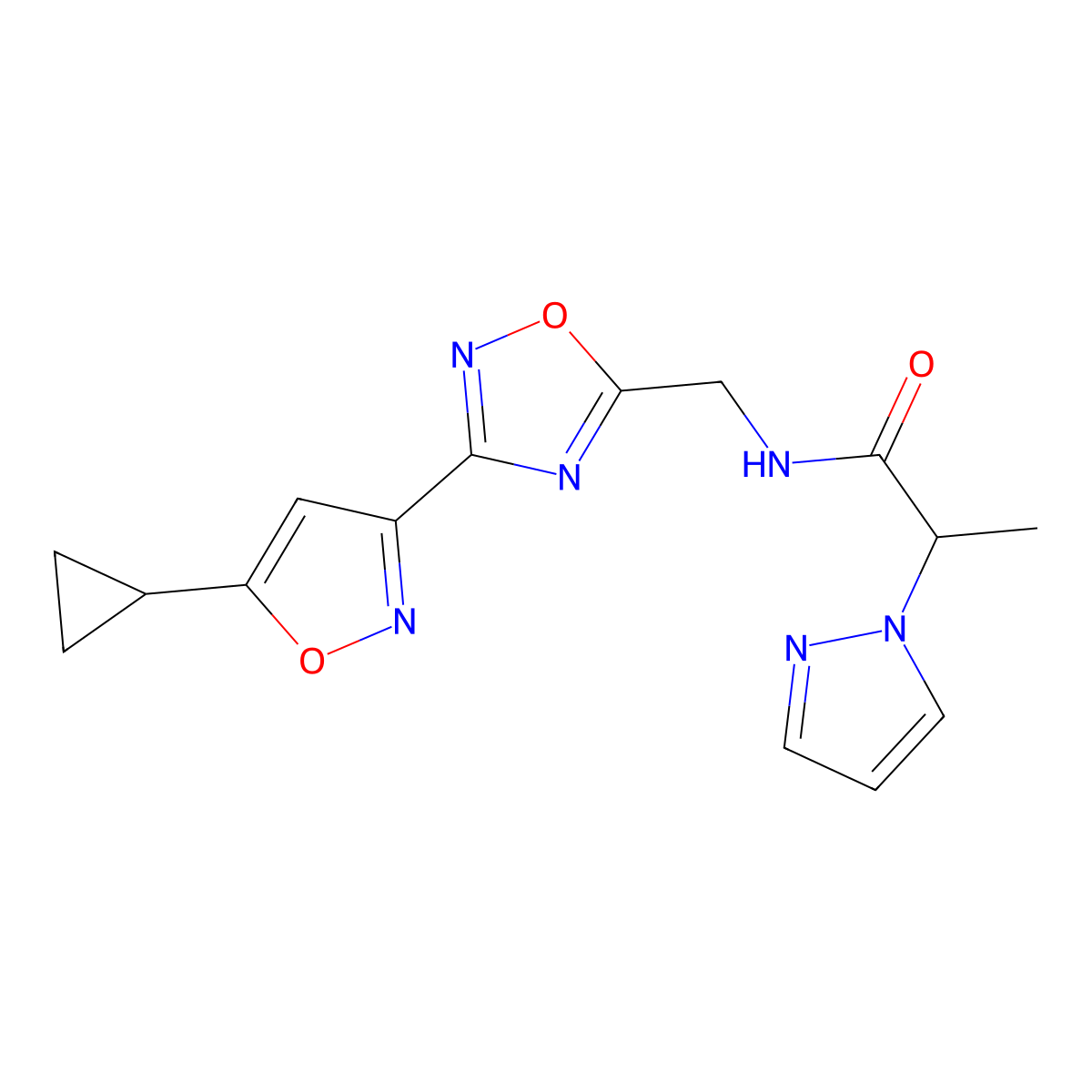 N-((3-(5-cyclopropylisoxazol-3-yl)-1,2,4-oxadiazol-5-yl)methyl)-2-(1H-pyrazol-1-yl)propanamide molecular structure, CAS 1904303-98-5