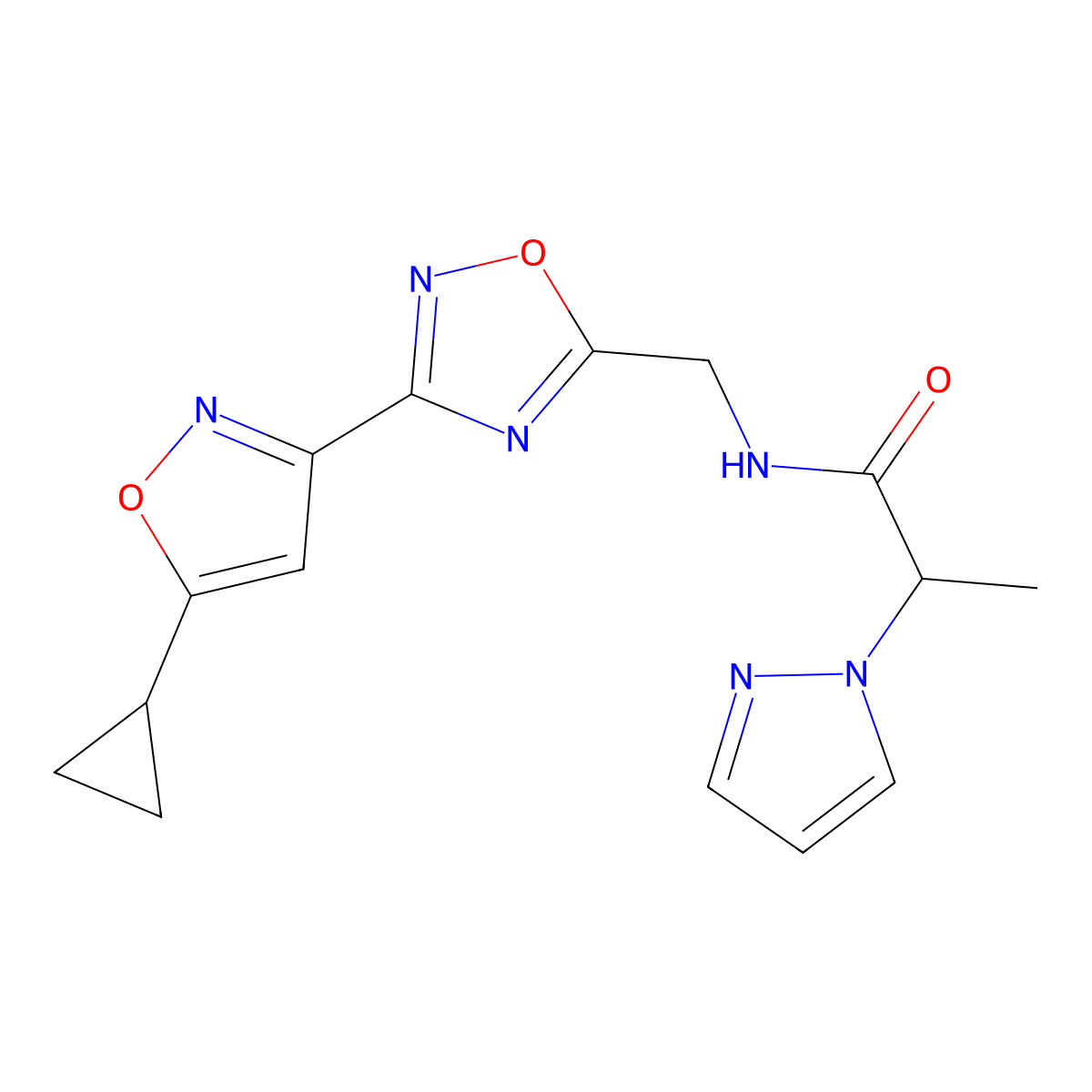 N-((3-(5-cyclopropylisoxazol-3-yl)-1,2,4-oxadiazol-5-yl)methyl)-2-(1H-pyrazol-1-yl)propanamide molecular structure, CAS 1904303-98-5