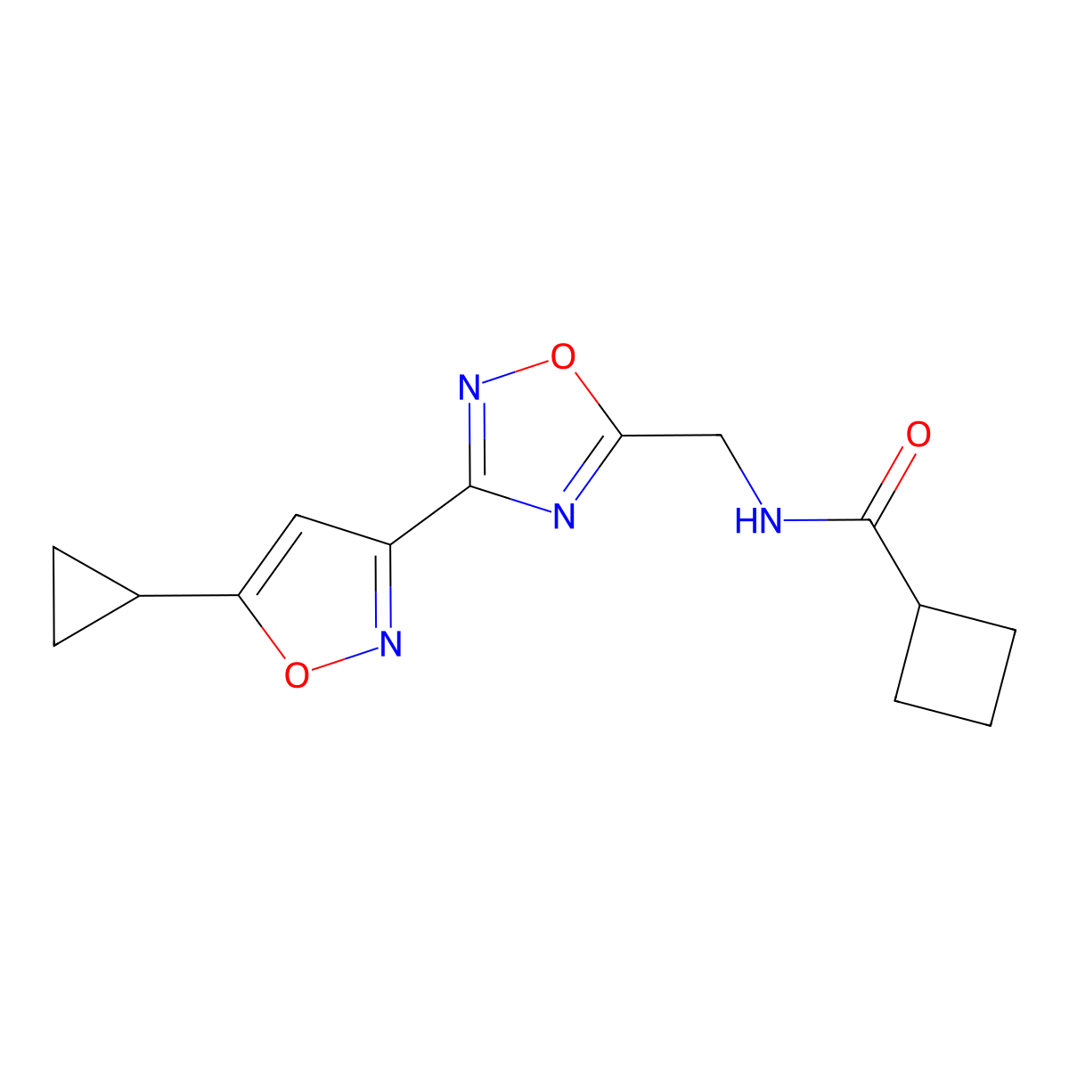 N-((3-(5-cyclopropylisoxazol-3-yl)-1,2,4-oxadiazol-5-yl)methyl)cyclobutanecarboxamide molecular structure, CAS 1904304-87-5