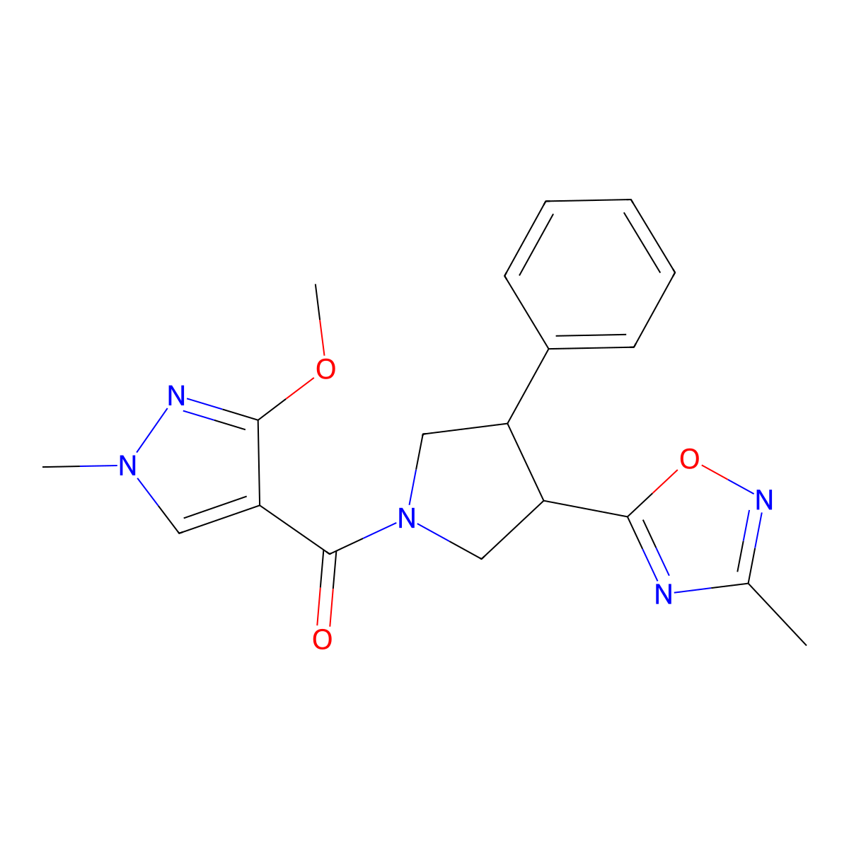 (3-methoxy-1-methyl-1H-pyrazol-4-yl)(3-(3-methyl-1,2,4-oxadiazol-5-yl)-4-phenylpyrrolidin-1-yl)methanone molecular structure, CAS 1904312-06-6
