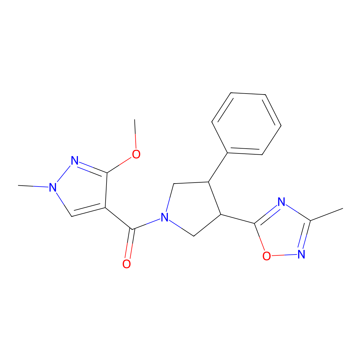 (3-methoxy-1-methyl-1H-pyrazol-4-yl)(3-(3-methyl-1,2,4-oxadiazol-5-yl)-4-phenylpyrrolidin-1-yl)methanone molecular structure, CAS 1904312-06-6