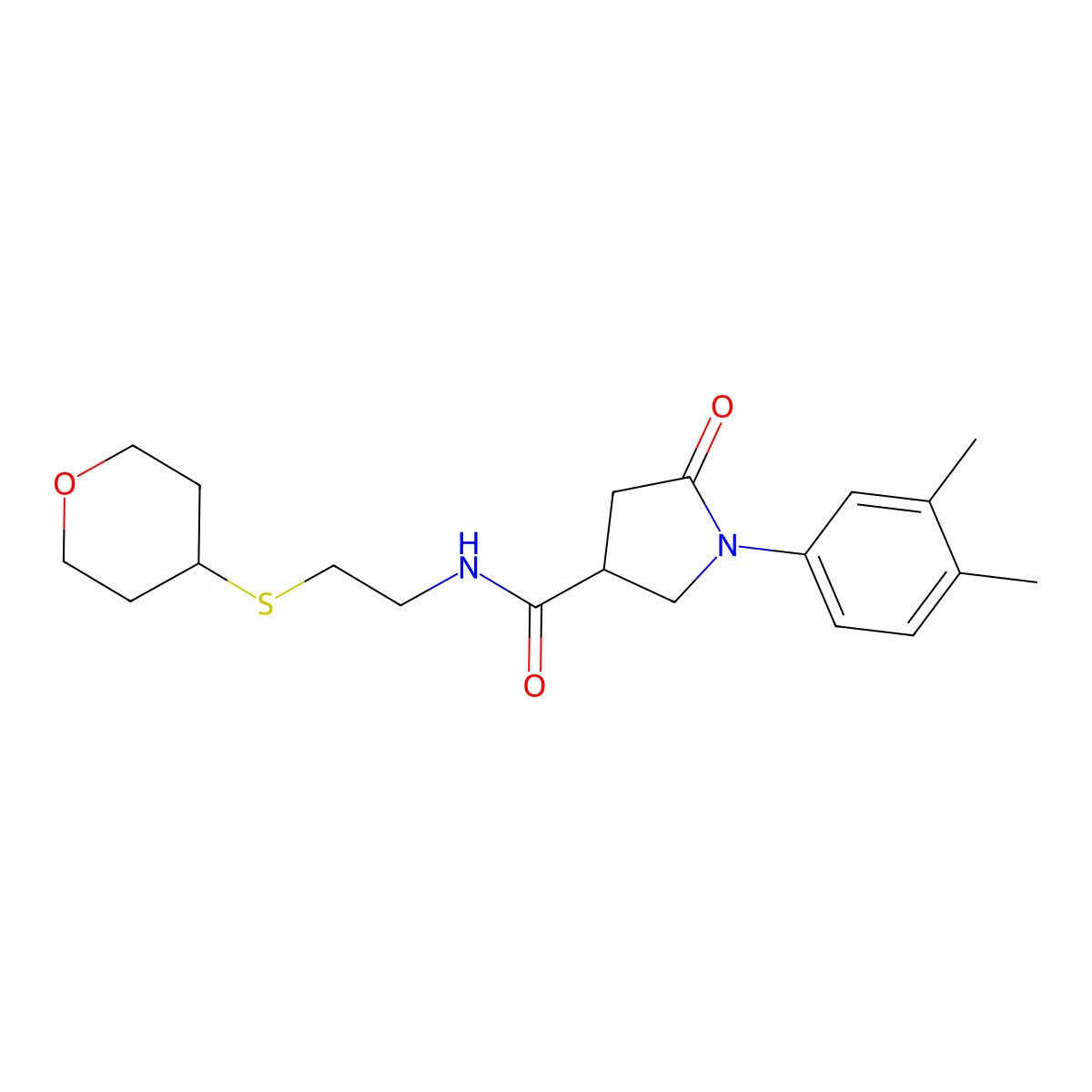 1-(3,4-dimethylphenyl)-N-[2-(oxan-4-ylsulfanyl)ethyl]-5-oxopyrrolidine-3-carboxamide molecular structure, CAS 1904315-15-6
