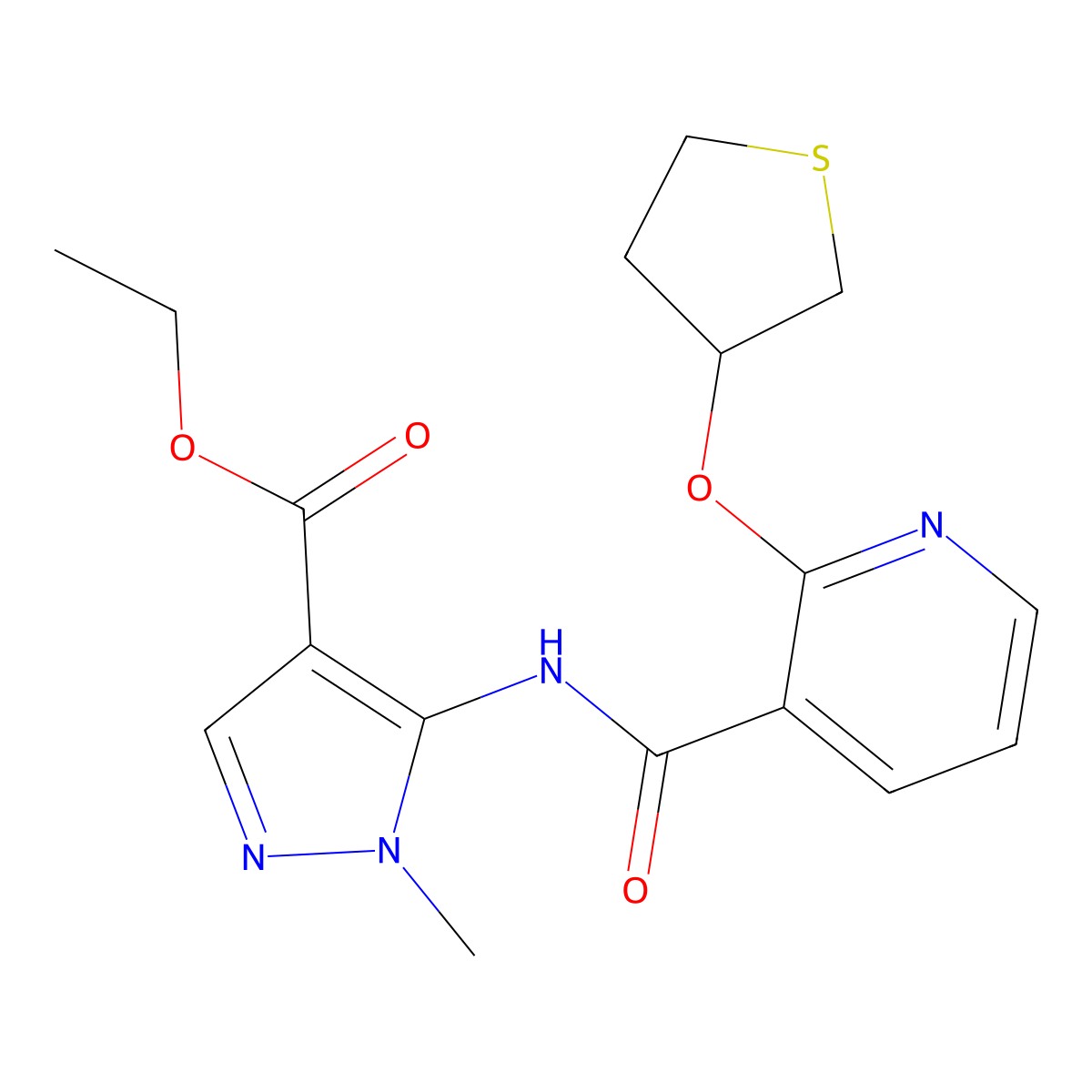 ethyl 1-methyl-5-(2-((tetrahydrothiophen-3-yl)oxy)nicotinamido)-1H-pyrazole-4-carboxylate molecular structure, CAS 1904325-48-9