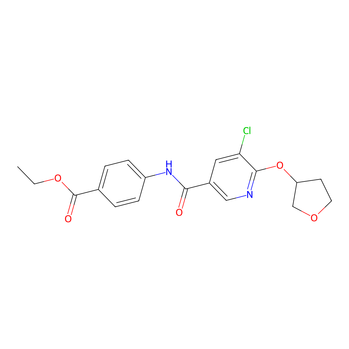 Ethyl 4-(5-chloro-6-((tetrahydrofuran-3-yl)oxy)nicotinamido)benzoate molecular structure, CAS 1904326-50-6