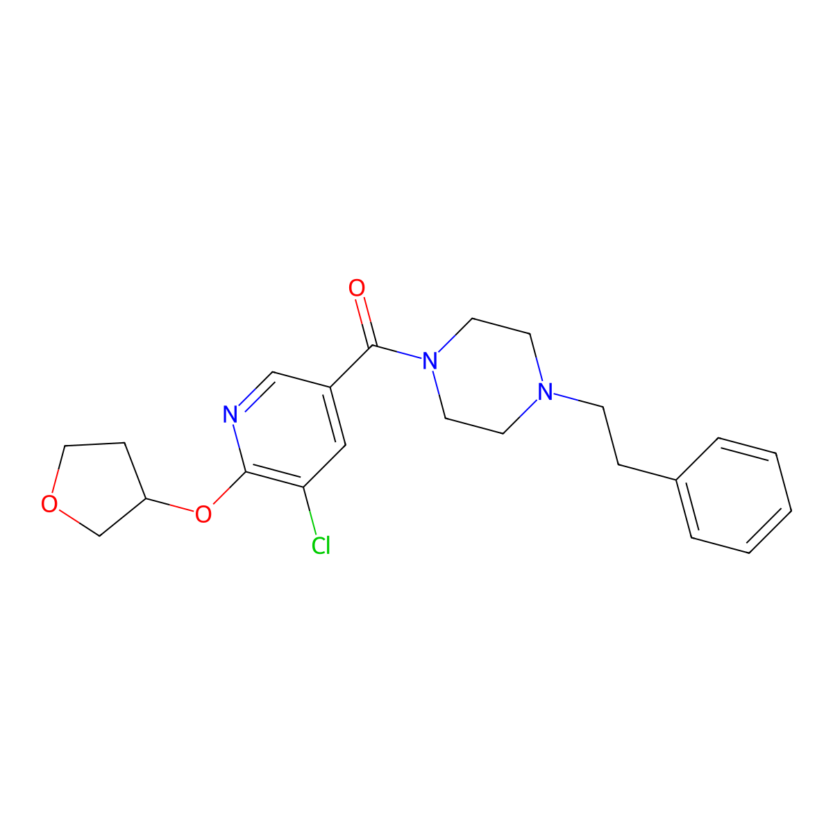 (5-Chloro-6-((tetrahydrofuran-3-yl)oxy)pyridin-3-yl)(4-phenethylpiperazin-1-yl)methanone molecular structure, CAS 1904327-36-1