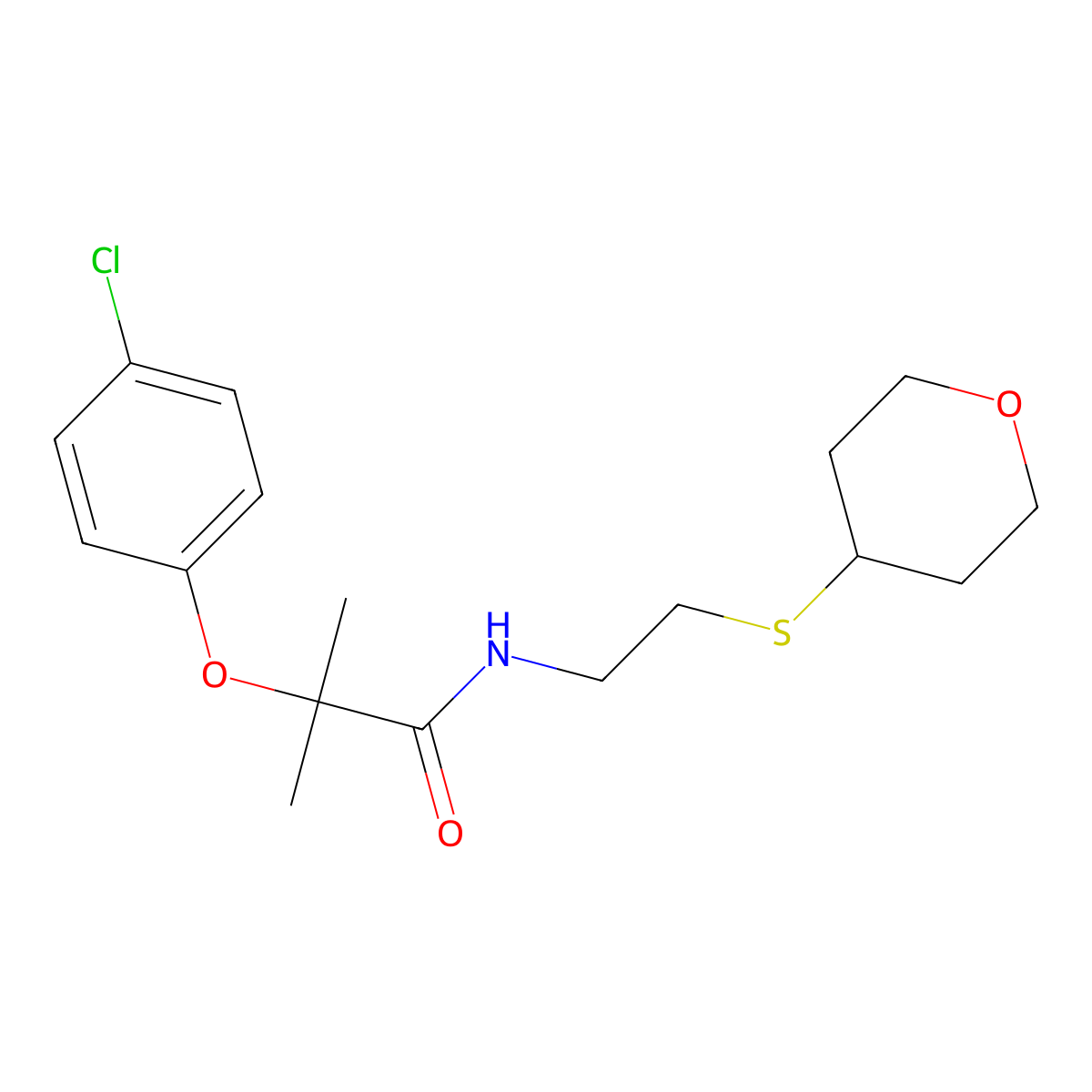 2-(4-chlorophenoxy)-2-methyl-N-[2-(oxan-4-ylsulfanyl)ethyl]propanamide molecular structure, CAS 1904329-25-4