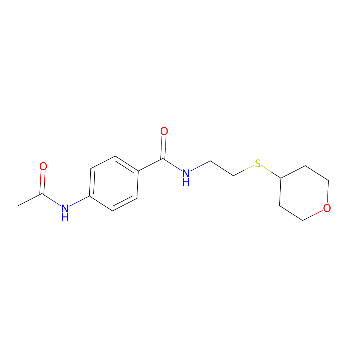 4-acetamido-N-(2-((tetrahydro-2H-pyran-4-yl)thio)ethyl)benzamide molecular structure, CAS 1904329-80-1
