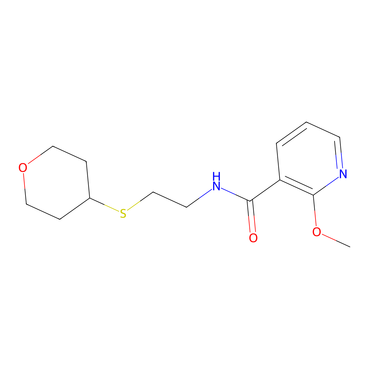 2-methoxy-N-[2-(oxan-4-ylsulfanyl)ethyl]pyridine-3-carboxamide molecular structure, CAS 1904329-99-2