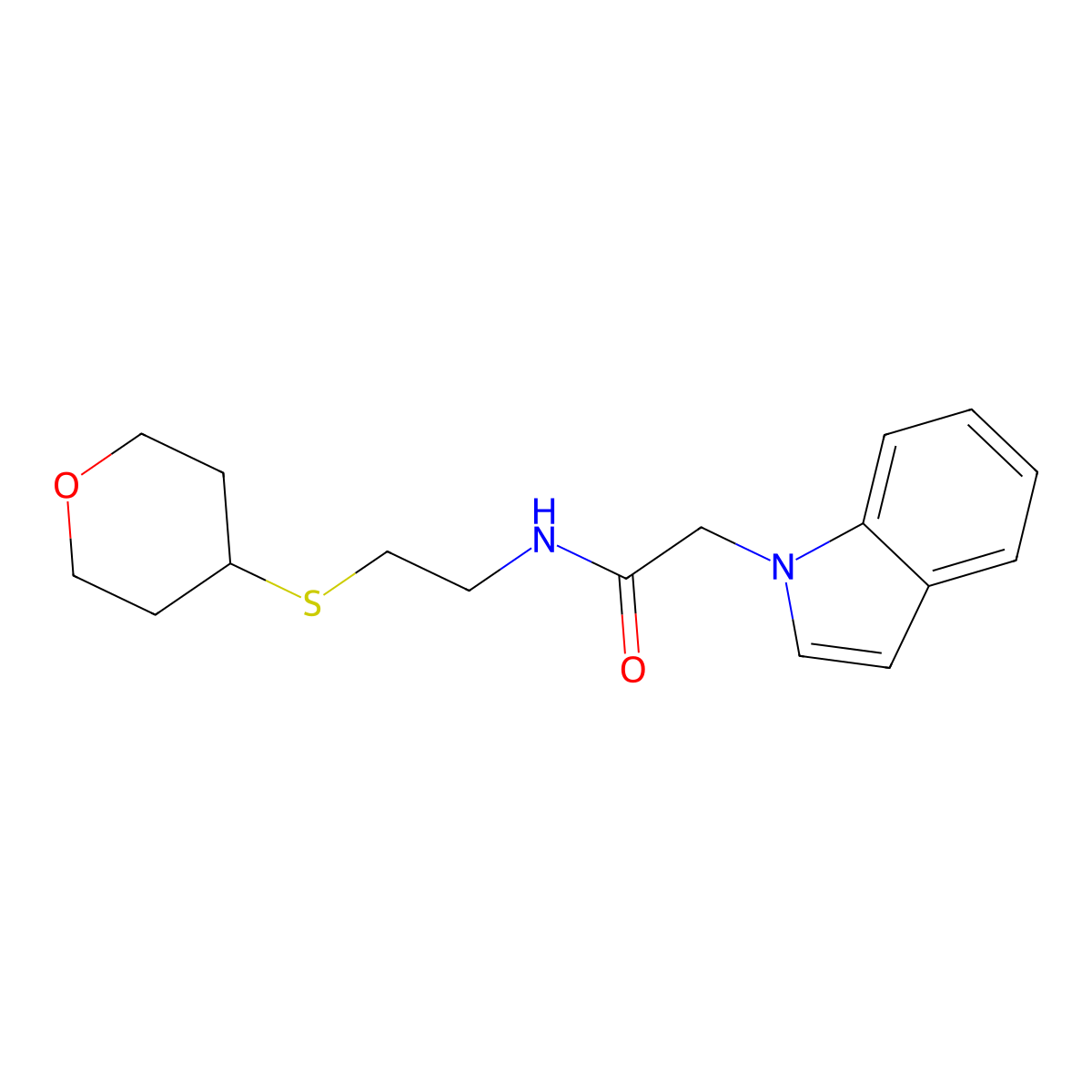 2-(1H-indol-1-yl)-N-[2-(oxan-4-ylsulfanyl)ethyl]acetamide molecular structure, CAS 1904330-09-1