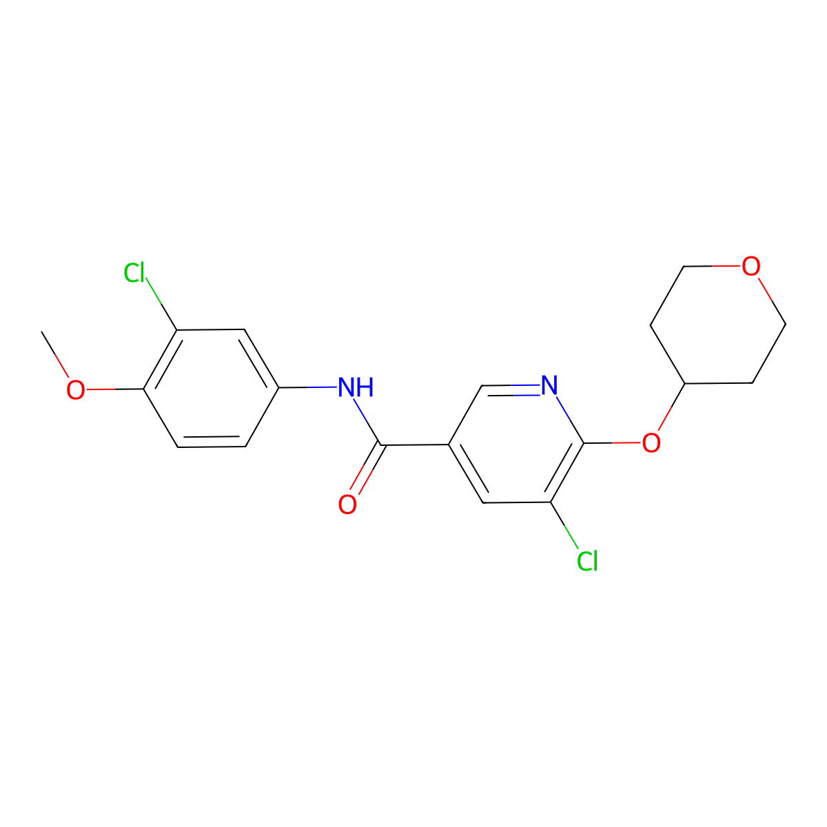 5-chloro-N-(3-chloro-4-methoxyphenyl)-6-(oxan-4-yloxy)pyridine-3-carboxamide molecular structure, CAS 1904330-74-0