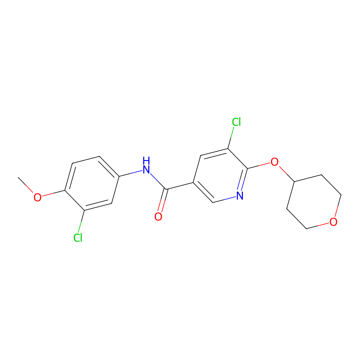 5-chloro-N-(3-chloro-4-methoxyphenyl)-6-(oxan-4-yloxy)pyridine-3-carboxamide molecular structure, CAS 1904330-74-0
