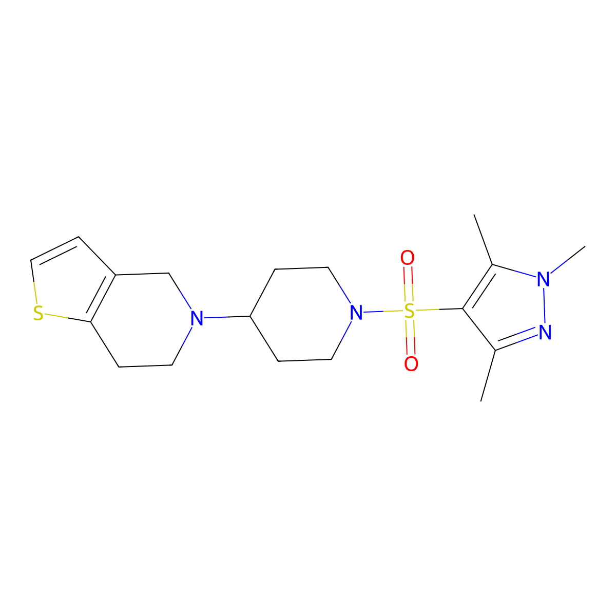 5-(1-((1,3,5-trimethyl-1H-pyrazol-4-yl)sulfonyl)piperidin-4-yl)-4,5,6,7-tetrahydrothieno[3,2-c]pyridine molecular structure, CAS 1904333-97-6