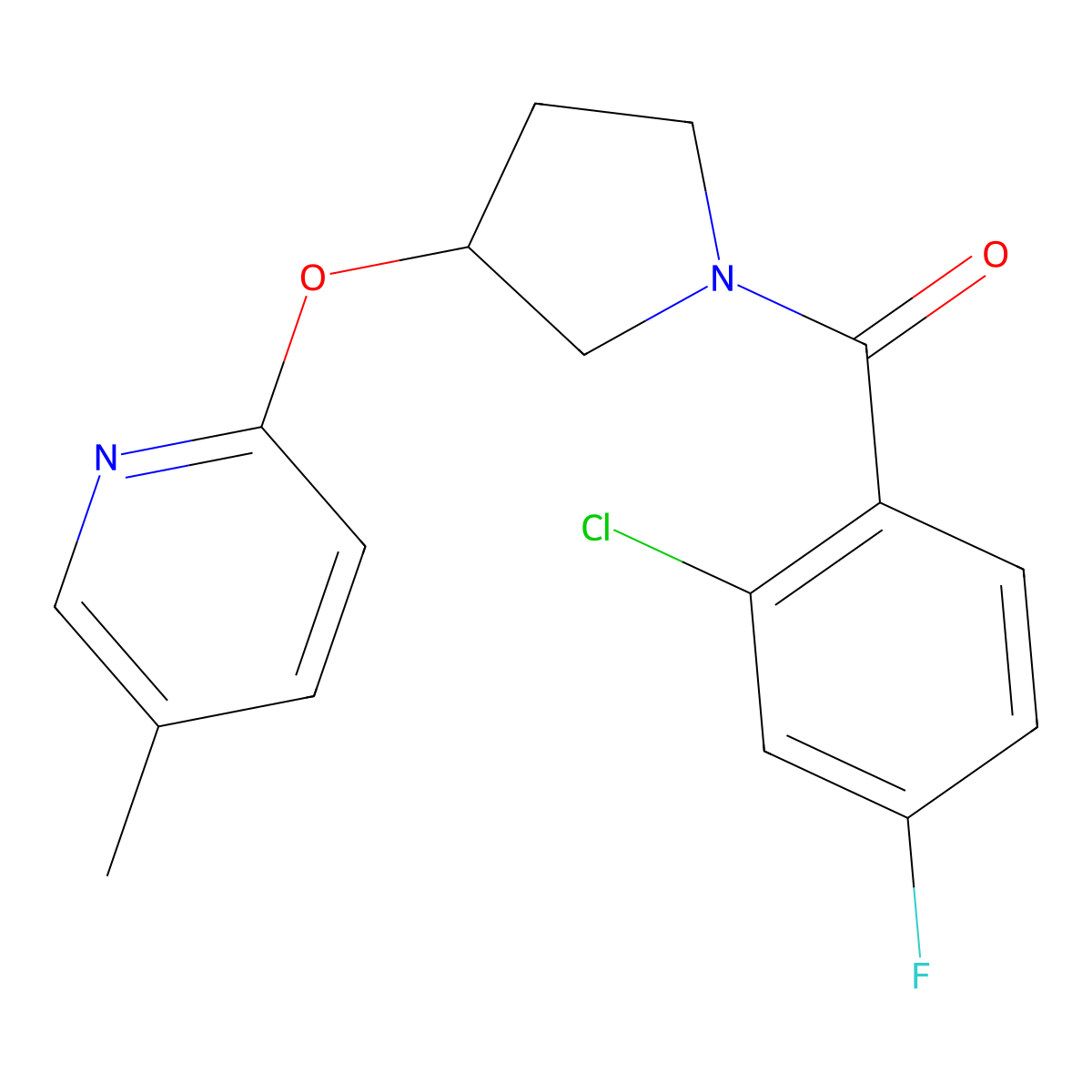 (2-Chloro-4-fluorophenyl)(3-((5-methylpyridin-2-yl)oxy)pyrrolidin-1-yl)methanone molecular structure, CAS 1904338-91-5