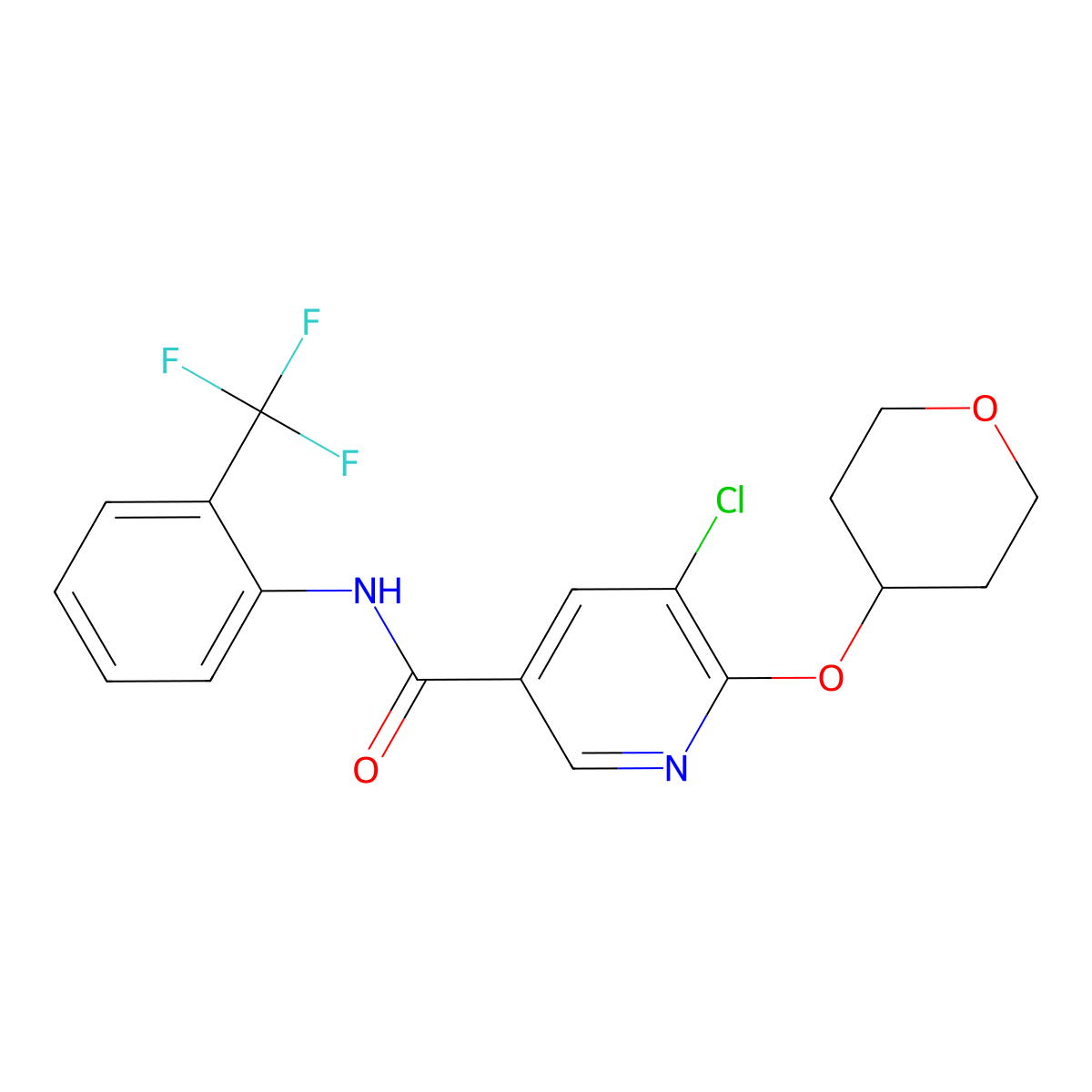 5-chloro-6-(oxan-4-yloxy)-N-[2-(trifluoromethyl)phenyl]pyridine-3-carboxamide molecular structure, CAS 1904341-90-7