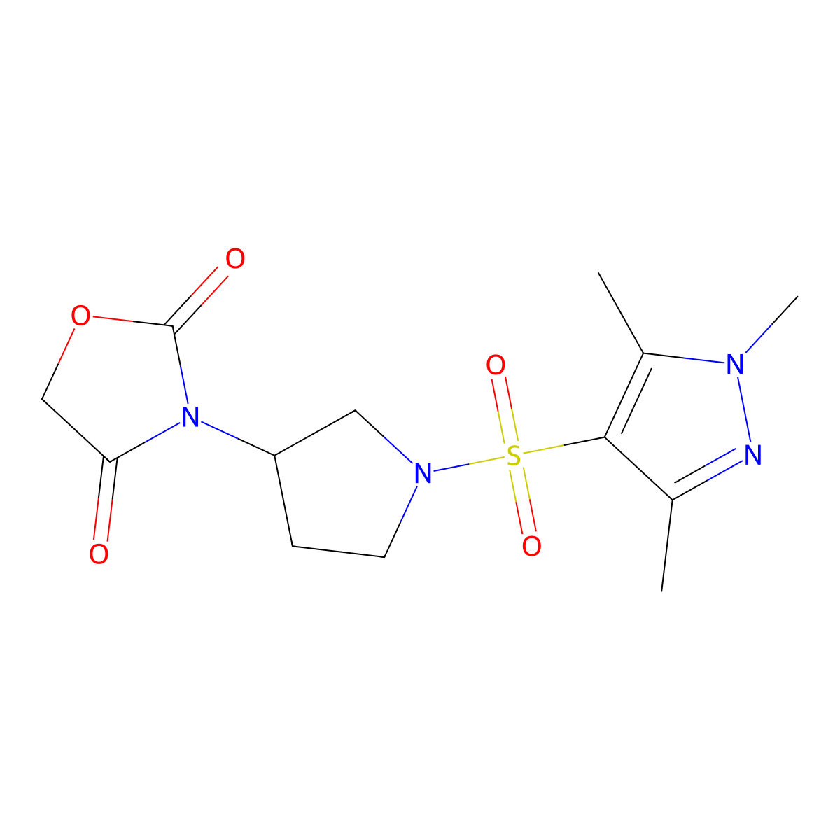 3-(1-((1,3,5-trimethyl-1H-pyrazol-4-yl)sulfonyl)pyrrolidin-3-yl)oxazolidine-2,4-dione molecular structure, CAS 1904343-07-2