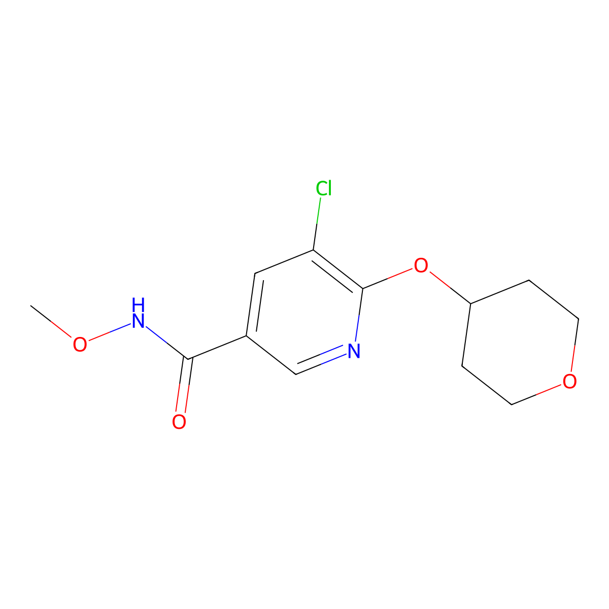 5-chloro-N-methoxy-6-((tetrahydro-2H-pyran-4-yl)oxy)nicotinamide molecular structure, CAS 1904343-21-0