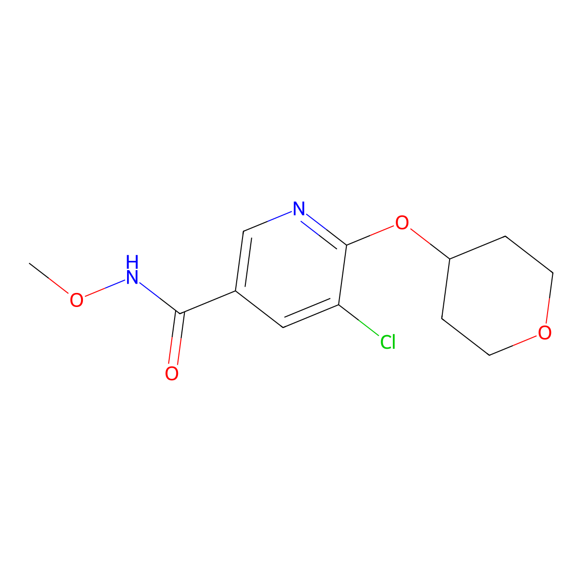 5-chloro-N-methoxy-6-((tetrahydro-2H-pyran-4-yl)oxy)nicotinamide molecular structure, CAS 1904343-21-0