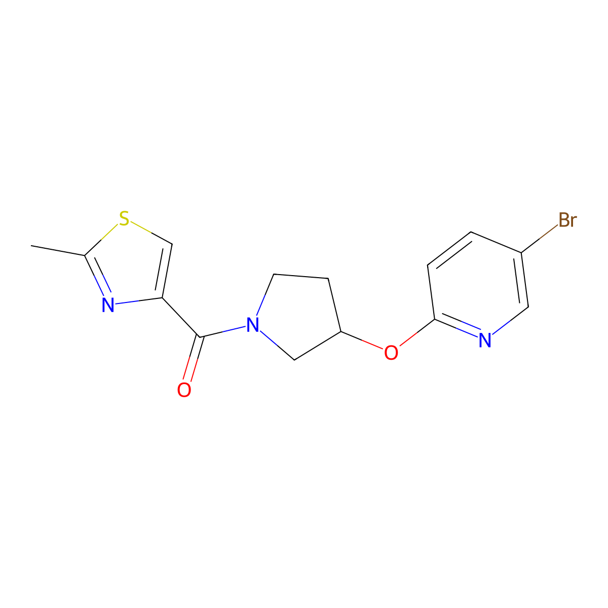 (3-((5-Bromopyridin-2-yl)oxy)pyrrolidin-1-yl)(2-methylthiazol-4-yl)methanone molecular structure, CAS 1904352-49-3