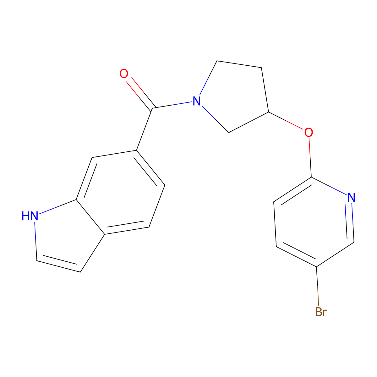 (3-((5-bromopyridin-2-yl)oxy)pyrrolidin-1-yl)(1H-indol-6-yl)methanone molecular structure, CAS 1904353-05-4