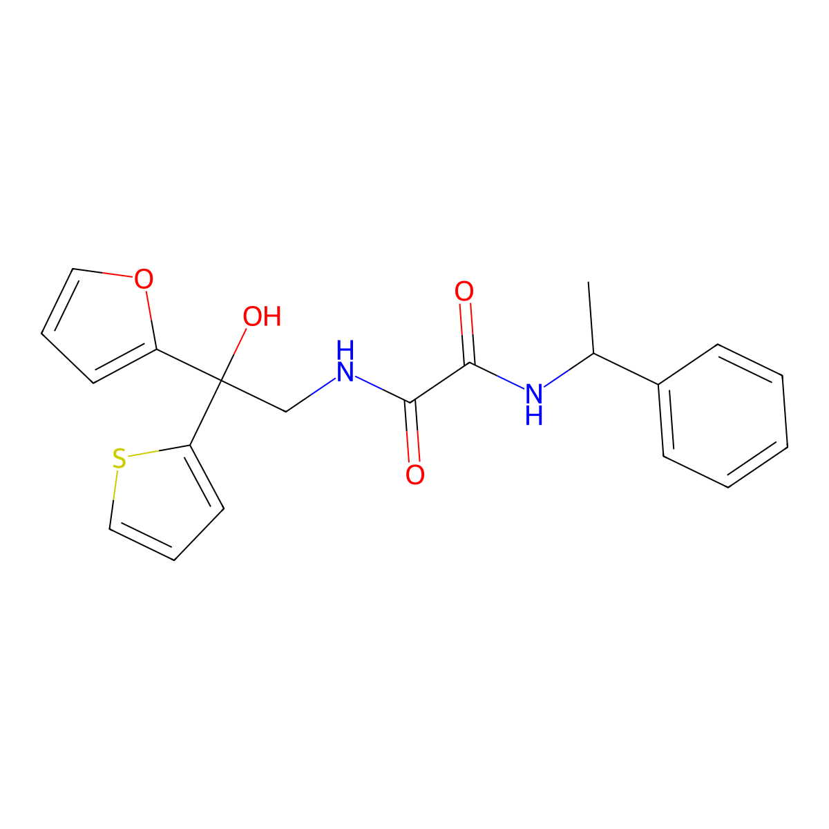 N1-(2-(furan-2-yl)-2-hydroxy-2-(thiophen-2-yl)ethyl)-N2-(1-phenylethyl)oxalamide molecular structure, CAS 1904357-74-9