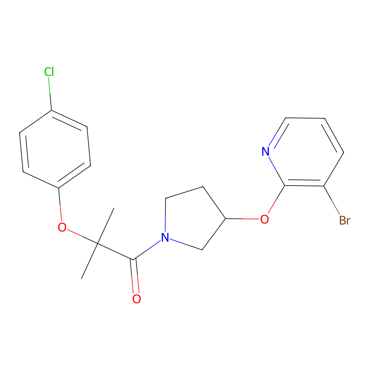 1-{3-[(3-Bromopyridin-2-yl)oxy]pyrrolidin-1-yl}-2-(4-chlorophenoxy)-2-methylpropan-1-one molecular structure, CAS 1904359-16-5