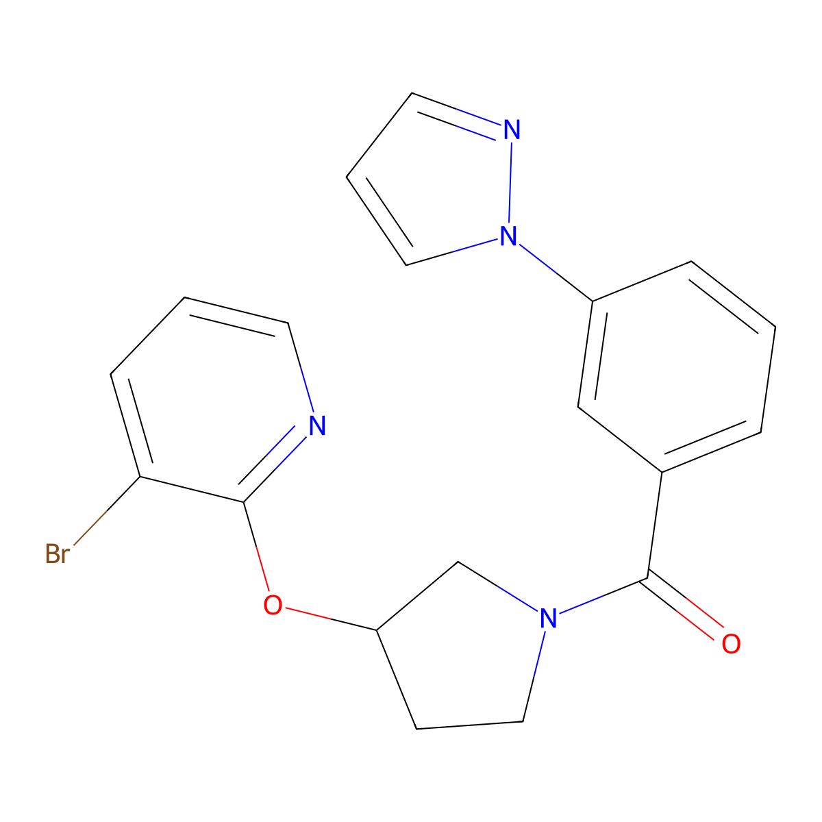 (3-(1H-pyrazol-1-yl)phenyl)(3-((3-bromopyridin-2-yl)oxy)pyrrolidin-1-yl)methanone molecular structure, CAS 1904359-46-1