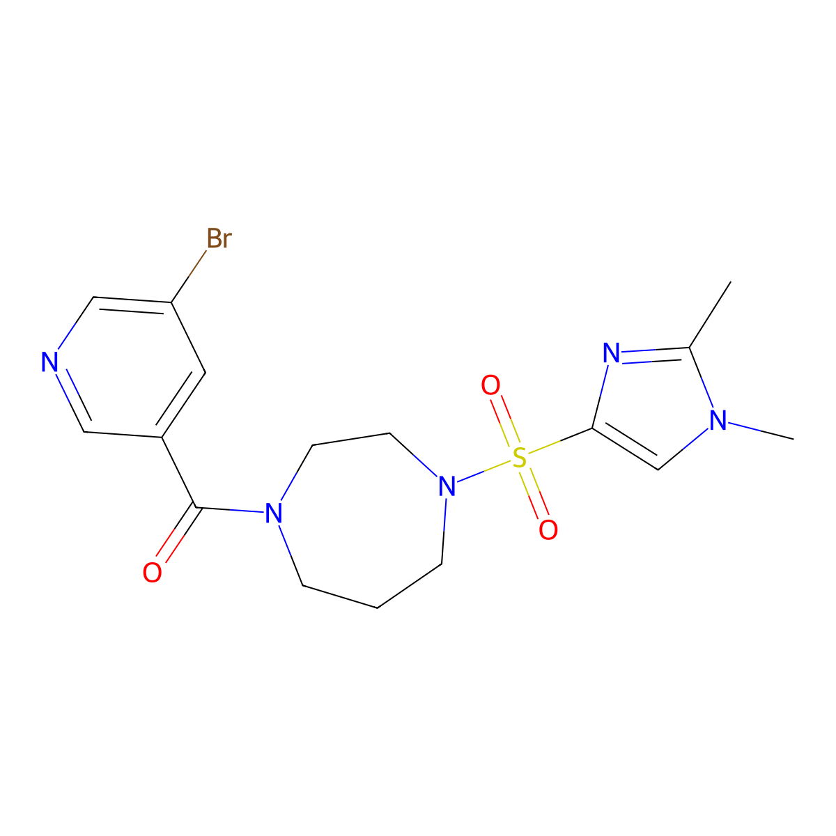 (5-bromopyridin-3-yl)(4-((1,2-dimethyl-1H-imidazol-4-yl)sulfonyl)-1,4-diazepan-1-yl)methanone molecular structure, CAS 1904360-44-6