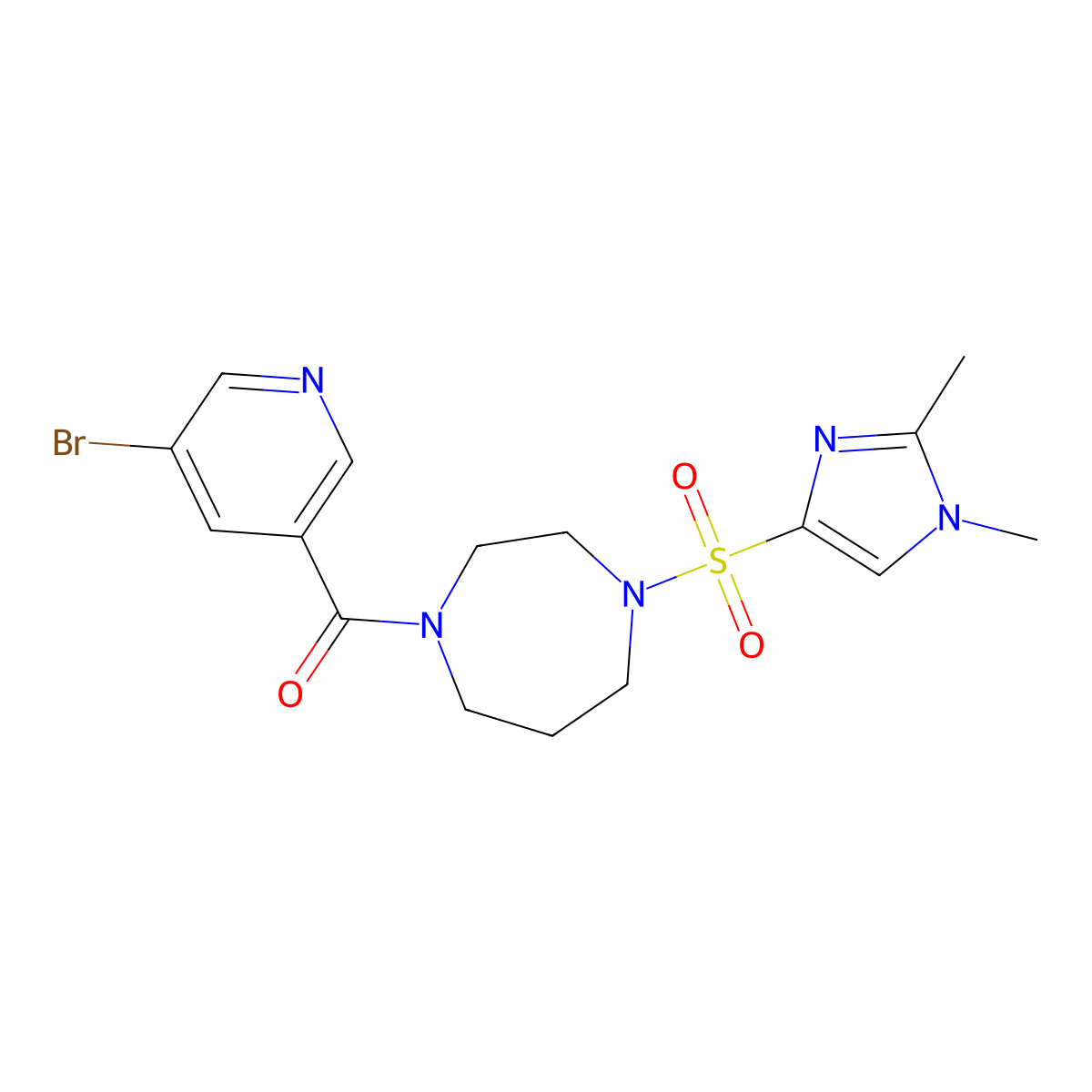 (5-bromopyridin-3-yl)(4-((1,2-dimethyl-1H-imidazol-4-yl)sulfonyl)-1,4-diazepan-1-yl)methanone molecular structure, CAS 1904360-44-6