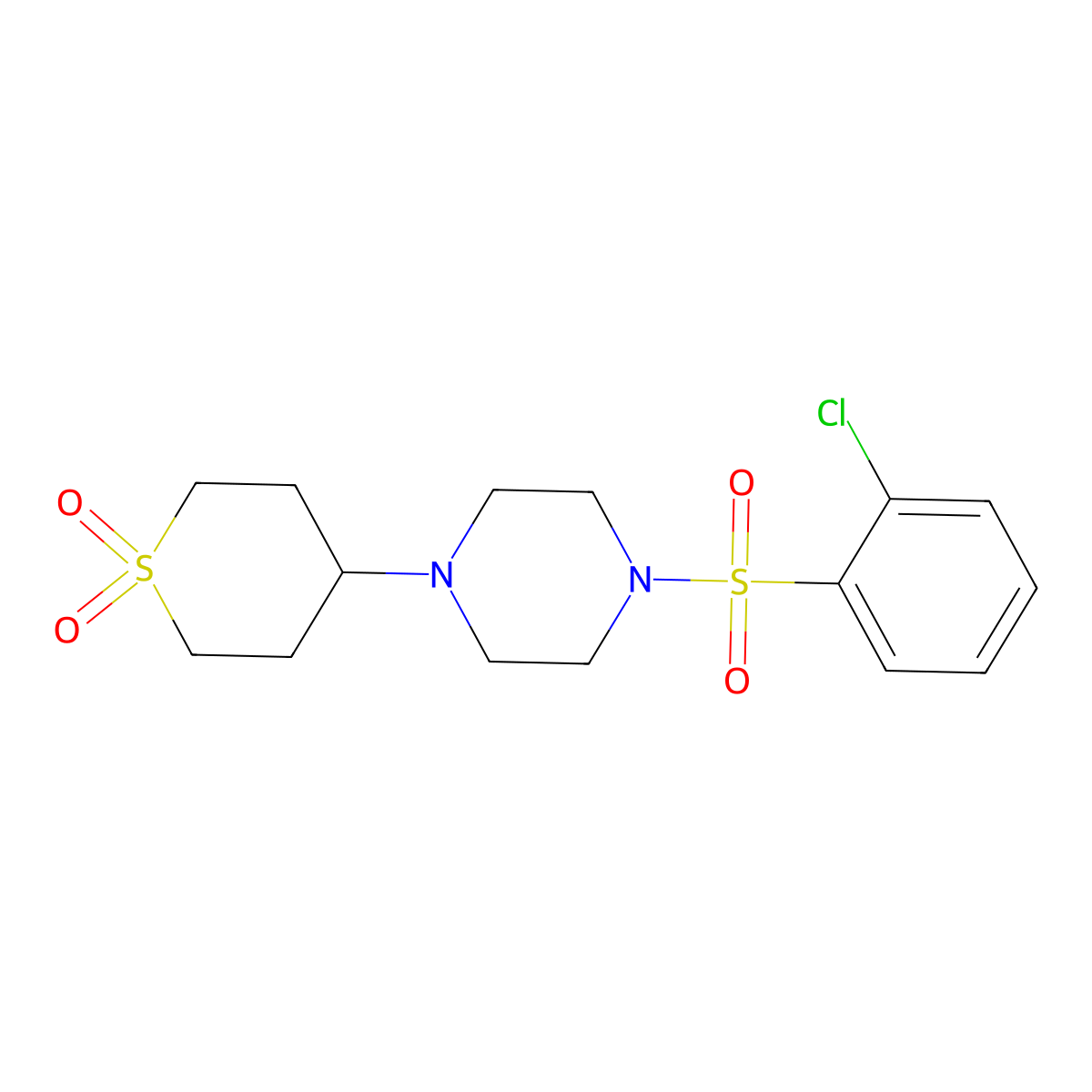 4-(4-((2-chlorophenyl)sulfonyl)piperazin-1-yl)tetrahydro-2H-thiopyran 1,1-dioxide molecular structure, CAS 1904367-16-3