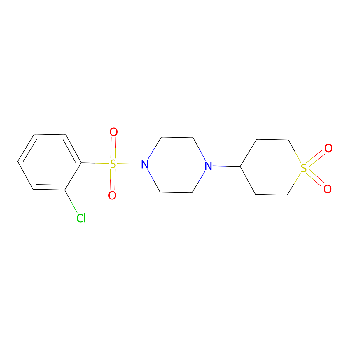 4-(4-((2-chlorophenyl)sulfonyl)piperazin-1-yl)tetrahydro-2H-thiopyran 1,1-dioxide molecular structure, CAS 1904367-16-3