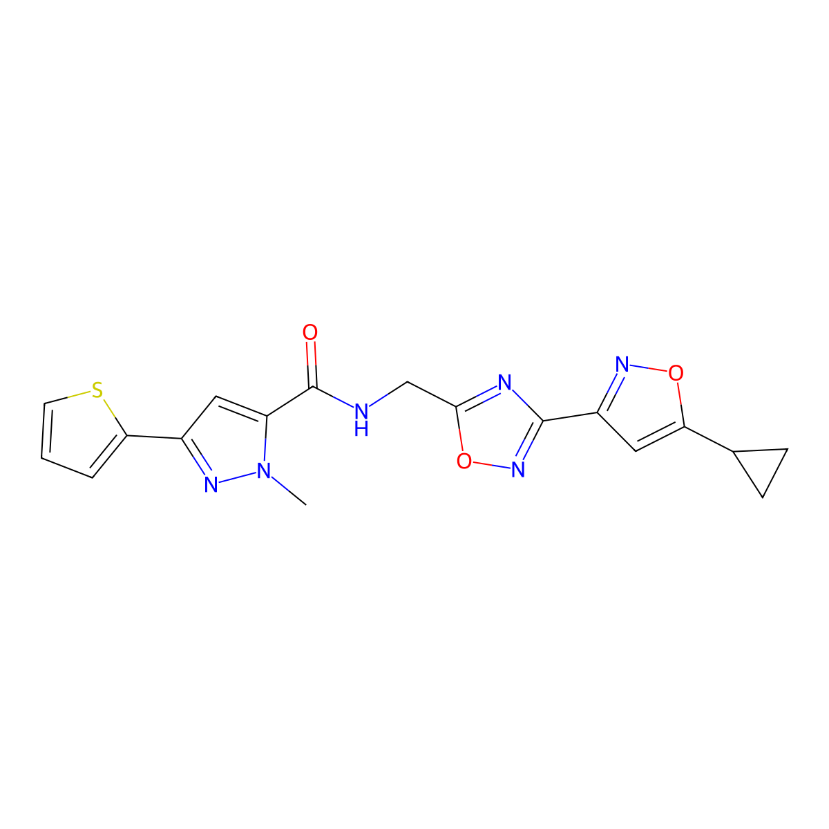 N-((3-(5-cyclopropylisoxazol-3-yl)-1,2,4-oxadiazol-5-yl)methyl)-1-methyl-3-(thiophen-2-yl)-1H-pyrazole-5-carboxamide molecular structure, CAS 1904367-57-2