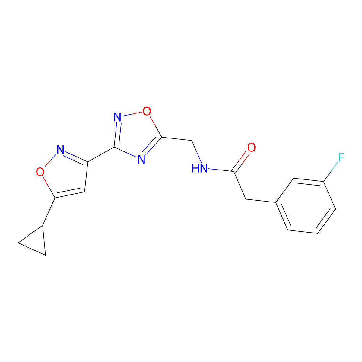 N-((3-(5-cyclopropylisoxazol-3-yl)-1,2,4-oxadiazol-5-yl)methyl)-2-(3-fluorophenyl)acetamide molecular structure, CAS 1904367-67-4