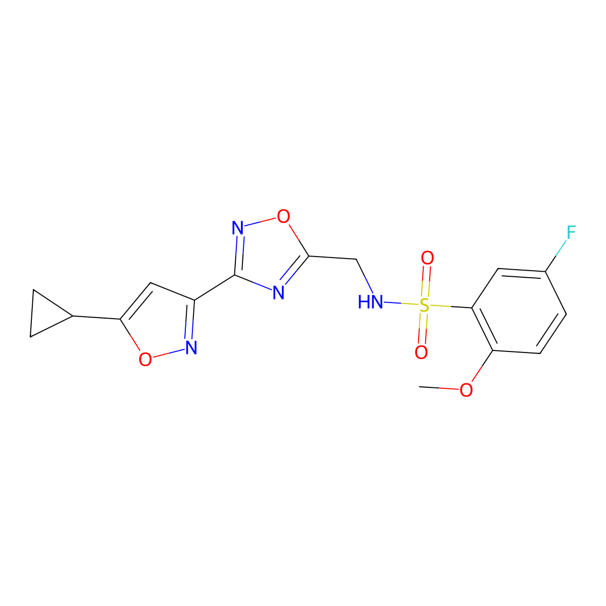N-((3-(5-cyclopropylisoxazol-3-yl)-1,2,4-oxadiazol-5-yl)methyl)-5-fluoro-2-methoxybenzenesulfonamide molecular structure, CAS 1904367-71-0