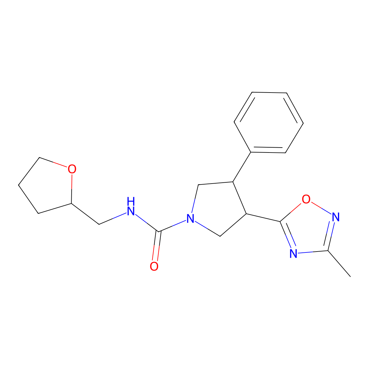 3-(3-methyl-1,2,4-oxadiazol-5-yl)-4-phenyl-N-((tetrahydrofuran-2-yl)methyl)pyrrolidine-1-carboxamide molecular structure, CAS 1904374-08-8