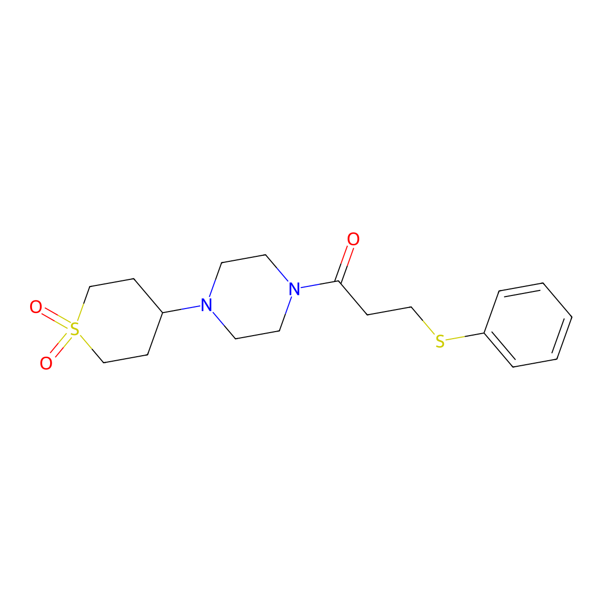 1-(4-(1,1-dioxidotetrahydro-2H-thiopyran-4-yl)piperazin-1-yl)-3-(phenylthio)propan-1-one molecular structure, CAS 1904409-58-0