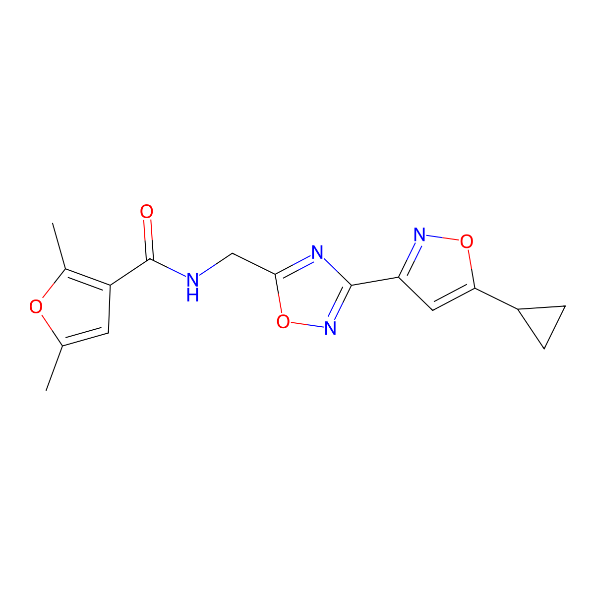 N-((3-(5-cyclopropylisoxazol-3-yl)-1,2,4-oxadiazol-5-yl)methyl)-2,5-dimethylfuran-3-carboxamide molecular structure, CAS 1904410-57-6